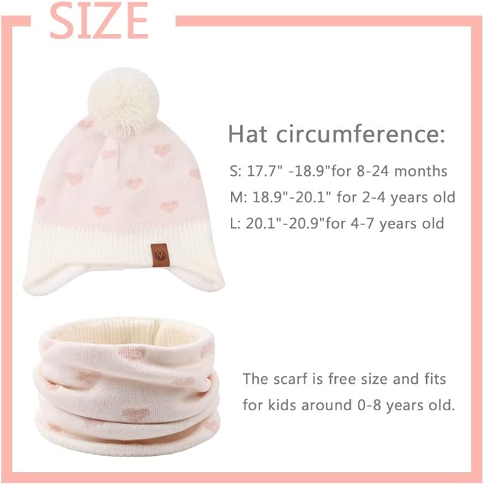JANGANNSA Knitted Baby Hat Scarf Set Winter Warm Boys Girls Beanie Fleece Lining Toddler Kids Hats with Pompom