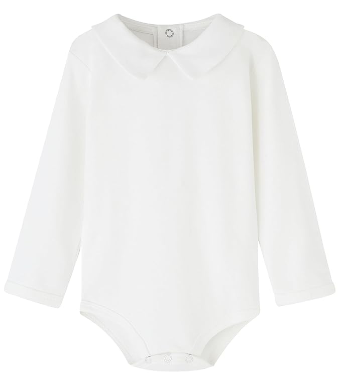 Teach Leanbh Infant Baby Polo Bodysuit Cotton Long Sleeve Pure Color Shirt 3-24 Months (White/Peter Pan Collar, 18 Months)