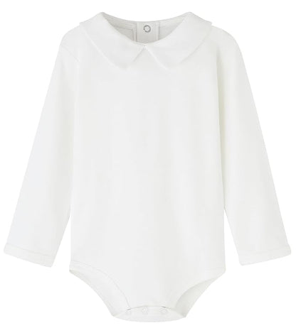 Teach Leanbh Infant Baby Polo Bodysuit Cotton Long Sleeve Pure Color Shirt 3-24 Months (White/Peter Pan Collar, 18 Months)