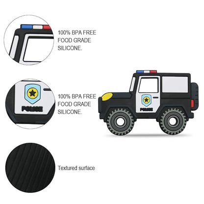 Baby Food Grade Silicone Carrier Vehicle Teether Toy with Pacifier Clip Holder,Teething Toys Gift Set for 3 Months+ Boys and Girls,Freezer Safe,BPA Free. (Police Car)