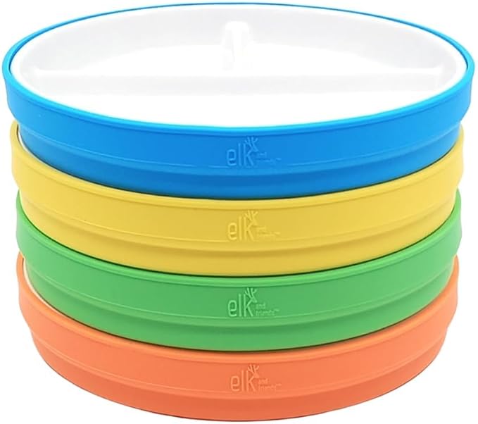 Elk and Friends Kids 7.8” Porcelain White Plates with Silicone Sleeves | Divided Plates | Suitable for Kids/Toddlers | Microwave & Dishwasher Safe | Non Slip | Snack Dishes…