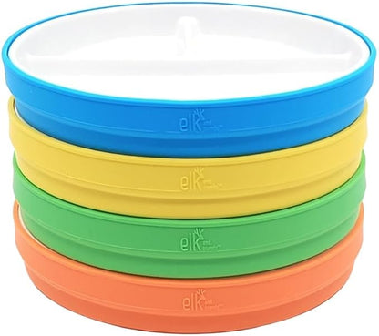 Elk and Friends Kids 7.8” Porcelain White Plates with Silicone Sleeves | Divided Plates | Suitable for Kids/Toddlers | Microwave & Dishwasher Safe | Non Slip | Snack Dishes…