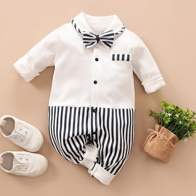 HUAANIUE Newborn Baby Boys Gentleman Romper One Piece Long Sleeve Bowtie Outfit Formal Wear Tuxedo Suit