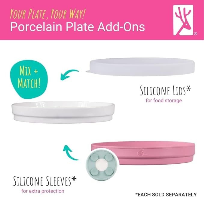 Elk and Friends Kids 7.8” Porcelain White Plates | Divided Plates | Suitable for Kids/Toddlers | Microwave & Dishwasher Safe | Non Slip | Snack Dishes | 2 Pack