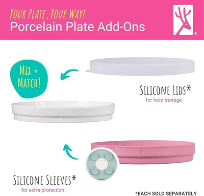 Elk and Friends Kids 7.8” Porcelain White Plates | Divided Plates | Suitable for Kids/Toddlers | Microwave & Dishwasher Safe | Non Slip | Snack Dishes | 2 Pack