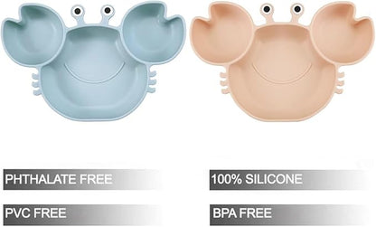 PandaEar 2 Pack Silicone Suction Plate for Baby, Divided Unbreakable Toddler Food Plate with 2 Pack Spoons for Self Feeding, Toddler Utensils Feeding Set Baby Eating Supplies, Crab Shape (Blue&Pink)