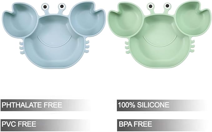 PandaEar 2 Pack Silicone Suction Plate for Baby, Divided Unbreakable Toddler Food Plate with 2 Pack Spoons for Self Feeding, Toddler Utensils Feeding Set Baby Eating Supplies, Crab Shape -Blue&Green