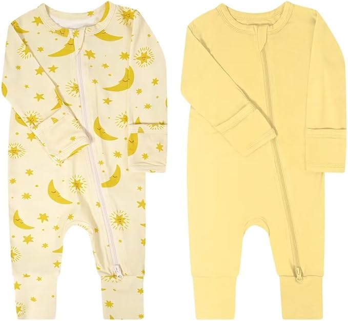 Teach Leanbh Baby Boys Girls 2 Pack Bamboo Viscose Pajamas with Mitten Cuffs 2 Way Zipper Long Sleeve Romper Sleep and Play