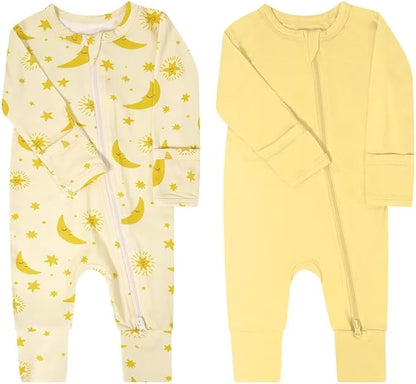 Teach Leanbh Baby Boys Girls 2 Pack Bamboo Viscose Pajamas with Mitten Cuffs 2 Way Zipper Long Sleeve Romper Sleep and Play