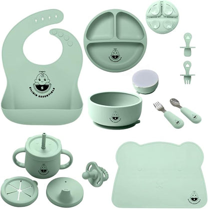 SiliKid Essential 15-Piece Silicone Baby Feeding Set – Complete Toddler Mealtime Kit with Suction Plate, Bowl, Bibs, Utensils, Cups & More – BPA-Free, Baby-Led Weaning Essentials