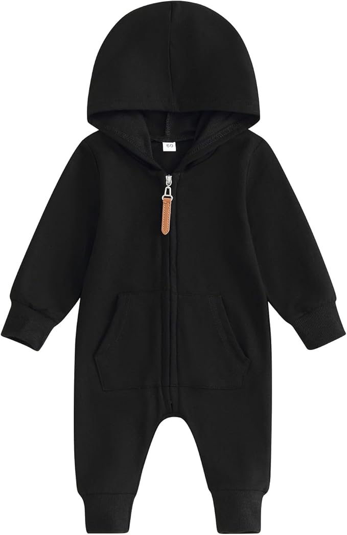 allshope Newborn Baby Boy Girl Fall Outfit Romper Long Sleeve Hooded Solid Zipper Onesie Jumpsuit Bodysuit Infant Clothes