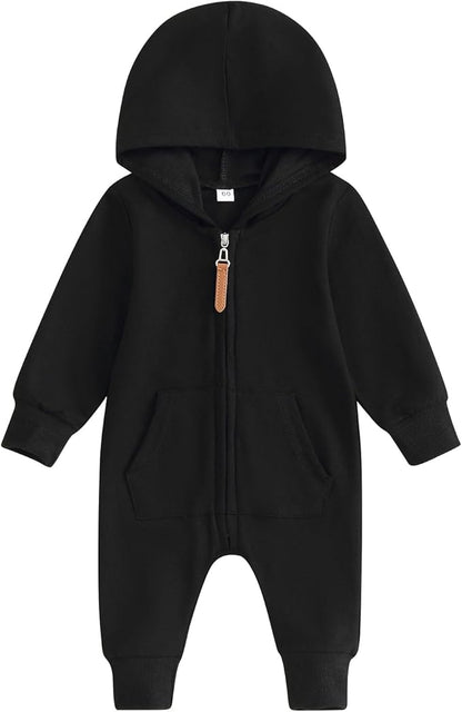 allshope Newborn Baby Boy Girl Fall Outfit Romper Long Sleeve Hooded Solid Zipper Onesie Jumpsuit Bodysuit Infant Clothes