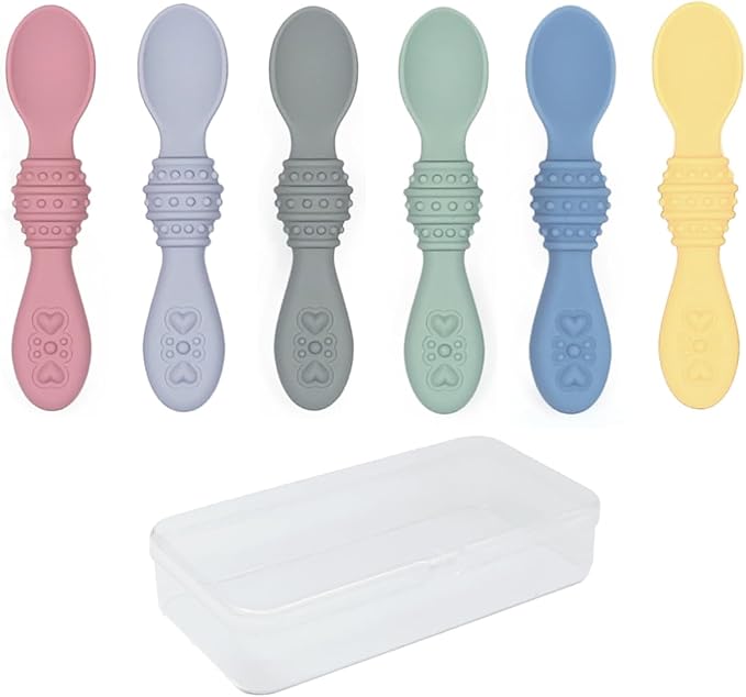 Elk and Friends Silicone Baby Spoons | Travel Case Included | First Stage Infant Toddler Spoon | Baby Led Weaning Stage | Dishwasher Safe