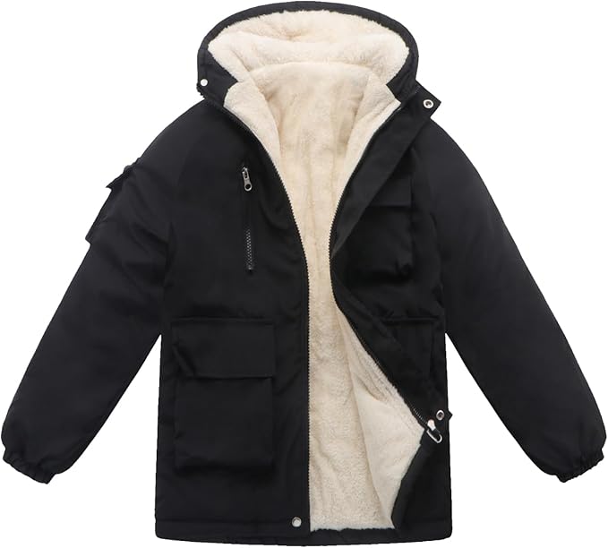 Winter Kids Boys Snow Coats Black Puffer Jacket Hooded Clothes Fleece-Lined Wear