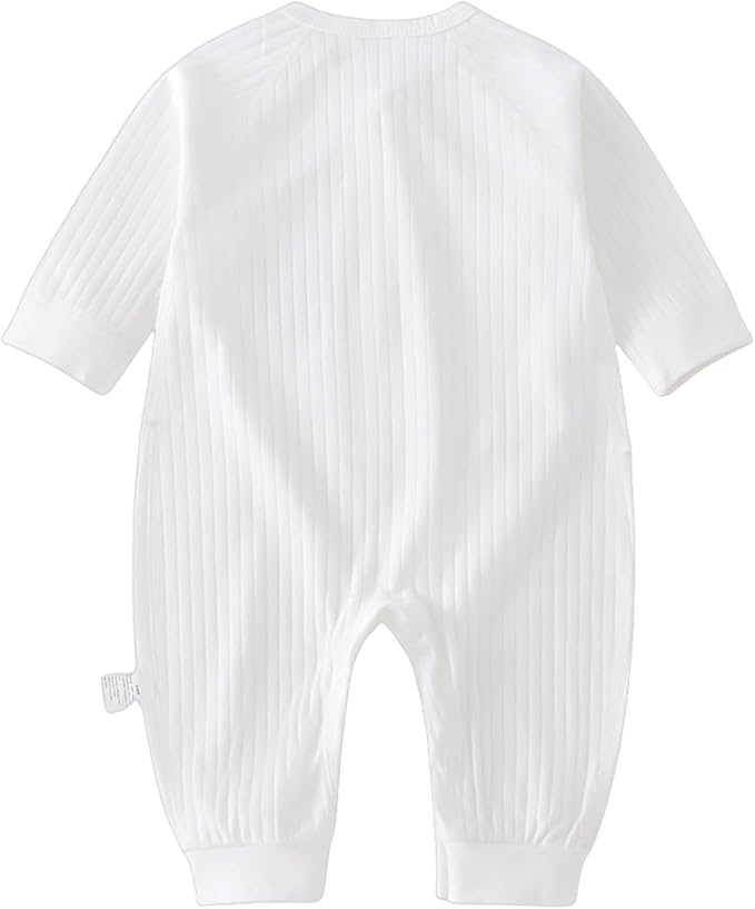Baby Ribbed Romper and Hat Set with Bear Applique, 100% Cotton Infant Bodysuit, White, Long Sleeve