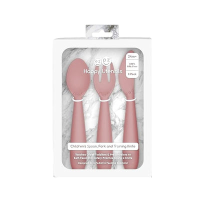 ezpz Happy Utensils (Blush) - 24 Months+ - BPA Free Toddler Utensils - Fork, Spoon and Knife for Toddlers and Preschoolers - Kids for Self-Feeding Development