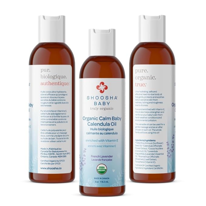 Shoosha Organic Calendula Oil French Lavender, for Babies, Real Calendula Oil, Calendula Massage Oil Moisturizer, Hypoallergenic, Gluten-Free, 100% Biodegradable