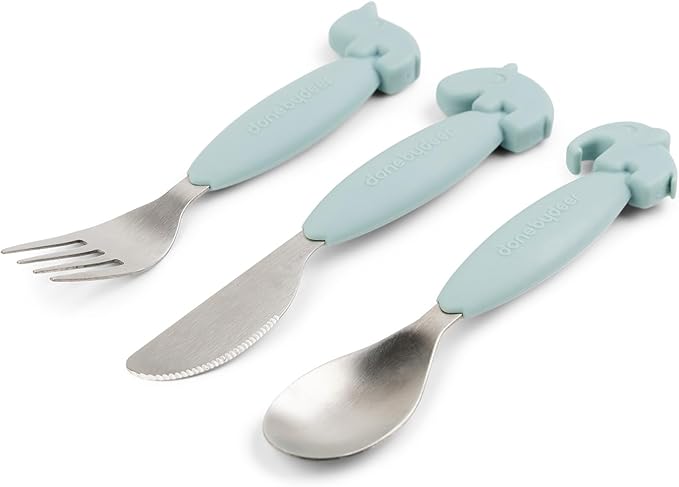 Done by Deer Easy-Grip Cutlery Set Deer Friends Blue - Anti-Slip Handles, Soft Silicone, Stainless Steel, Spoon, Fork, and Knife - Perfect for Independent Toddlers Learning to Self-Feed