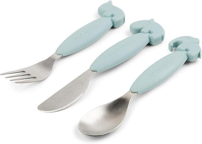 Done by Deer Easy-Grip Cutlery Set Deer Friends Blue - Anti-Slip Handles, Soft Silicone, Stainless Steel, Spoon, Fork, and Knife - Perfect for Independent Toddlers Learning to Self-Feed