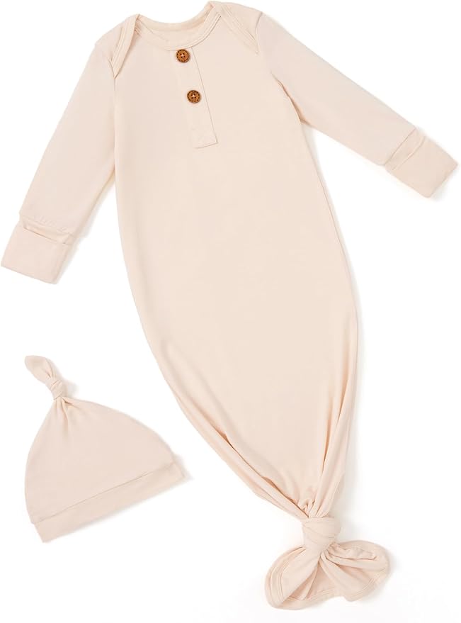 PATPAT Baby Sleeper Gown with Bamboo Viscose for Newborn Girls Boys, Knotted Nightgown with Mittens for Infant Home Coming
