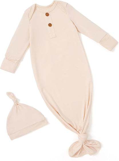 PATPAT Baby Sleeper Gown with Bamboo Viscose for Newborn Girls Boys, Knotted Nightgown with Mittens for Infant Home Coming