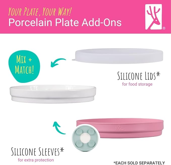 Elk and Friends Kids 7.8” Porcelain White Plates | Suitable for Babies/Toddlers | Microwave & Dishwasher Safe | Non Slip Dinnerware | Snack Dishes | 2 Pack