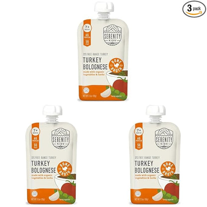 Serenity Kids Bone Broth Puree Made With Organic Veggies | Clean Label Project Purity Award Certified | 3.5 Ounce BPA-Free Pouch | Free Range Turkey Bolognese | 1 Count (Pack of 3)