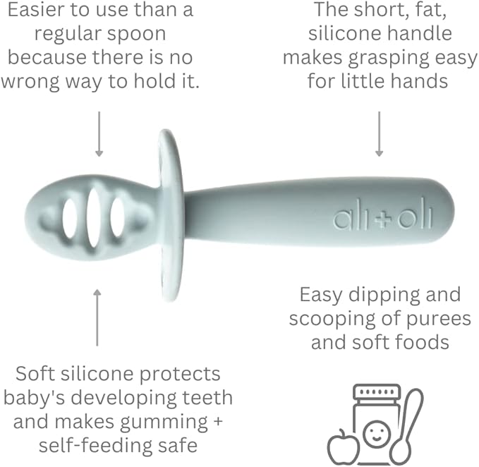 Ali+Oli (3pc) Silicone Spoon Set for Baby (Blue) Unbreakable Baby Spoons, Self Feeding Utensils, Multi-stage Design, Ergonomic Handle