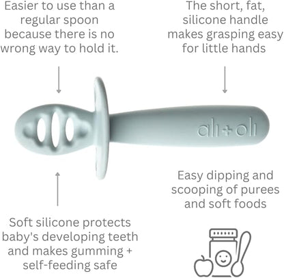 Ali+Oli (3pc) Silicone Spoon Set for Baby (Blue) Unbreakable Baby Spoons, Self Feeding Utensils, Multi-stage Design, Ergonomic Handle