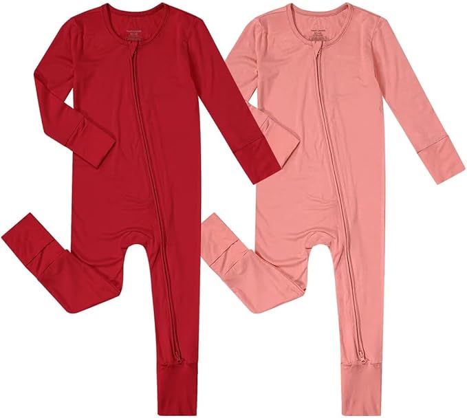 Teach Leanbh Unisex Baby 2 Pack Bamboo Viscose Pajamas with Mittens and Feet Cuffs 2 Way Zipper Long Sleeve Romper