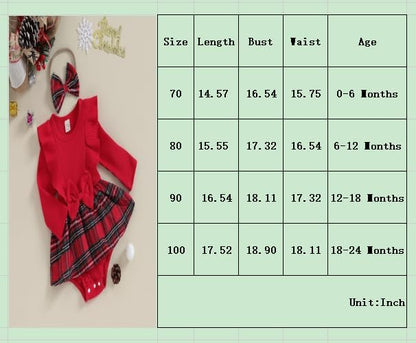 Hnyenmcko Newborn Baby Girl Christmas Clothes Infant Red Plaid Romper Dress Ruffle Long Sleeve Ribbed Bodysuit Headband Set