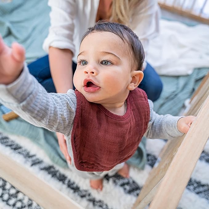 Comfy Cubs Muslin Bibs for Babies, Pack of 4 - Soft and Highly Absorbent, Feeding, Drool and Teething Bib, Adjustable Snaps - Stylish & Colorful Unisex Designs, Giftable Set - Wine