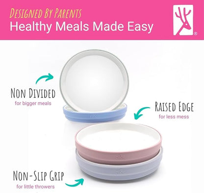 Elk and Friends Kids 7.8” Porcelain White Plates with Silicone Sleeves | Suitable for Babies/Toddlers | Microwave & Dishwasher Safe | Non Slip Dinnerware | Snack Dishes | 2 Pack