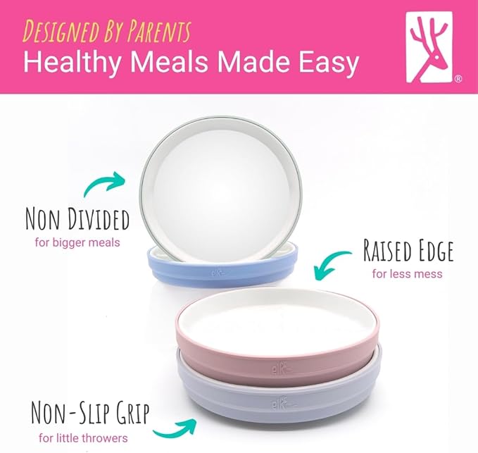 Elk and Friends Kids 7.8” Porcelain White Plates with Silicone Sleeves | Suitable for Babies/Toddlers | Microwave & Dishwasher Safe | Non Slip Dinnerware | Snack Dishes | 4 Pack