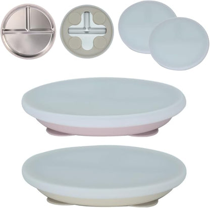 Karefree Children’s Minimalist Stainless Steel Suction Plate with Lid – 3-Section, BPA-Free, Food Grade Silicone, Easy Clean, Perfect for Toddlers & Baby Led Weaning (2, Blush Pink and Beige)