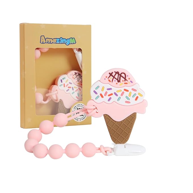 Baby Food Grade Silicone Teether Toy with One Piece Design Pacifier Clip Holder,Teething Toys Gift Set for 3 Months+ Boys and Girls,Freezer Safe,BPA Free. (Ice Cream)