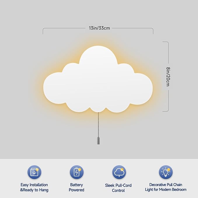 2 Pack Cloud Light - Battery-Powered Wall Lamp for Nursery, Kids Bedroom & Baby Room, 3000K Warm Night Light with Pull-String Switch, Cordless 3.7V, Lightweight 13x8in (No Charging Needed)