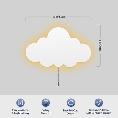 2 Pack Cloud Light - Battery-Powered Wall Lamp for Nursery, Kids Bedroom & Baby Room, 3000K Warm Night Light with Pull-String Switch, Cordless 3.7V, Lightweight 13x8in (No Charging Needed)