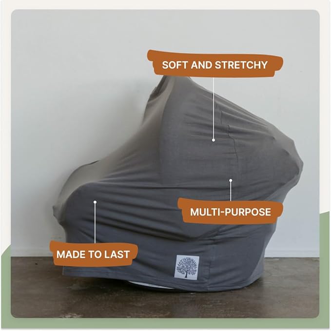 Parker Baby 4 in 1 Car Seat Cover for Girls and Boys - Stretchy Carseat Canopy, Nursing Cover, Grocery Cart Cover, High Chair Cover - “Pewter”