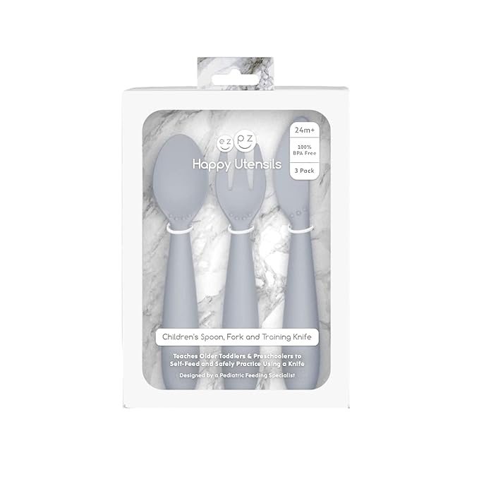 ezpz Happy Utensils (Pewter) - 24 Months+ - BPA Free Toddler Utensils - Fork, Spoon and Knife for Toddlers and Preschoolers - Kids for Self-Feeding Development