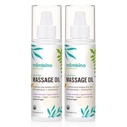 Mambino Organics Massage Baby Oil – Organic, Nourishing with Egyptian Calendula, Chamomile & Lavender – Gentle for After-Bath Relaxing – Cruelty-Free Baby Oils for Baby & Kids, 2-Pack 5 fl oz