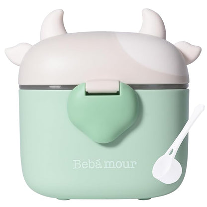 Bebamour Baby Formula Dispenser On The Go, Formula Container to Go, Formula Holder for Travel, Candy Fruit Snack Storage Container with Scoop and Leveller (Light Green Cow)