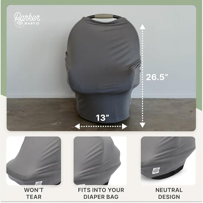 Parker Baby 4 in 1 Car Seat Cover for Girls and Boys - Stretchy Carseat Canopy, Nursing Cover, Grocery Cart Cover, High Chair Cover - “Pewter”