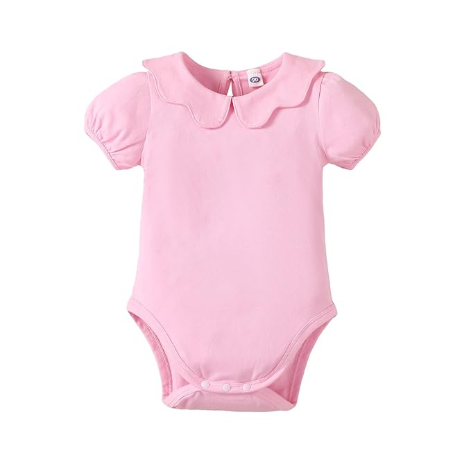 0-24M Infant Girls Ruffle Collar Romper Baby Girl Solid Color Bodysuit Casual Jumpsuit (Pink short, 18-24 Months)