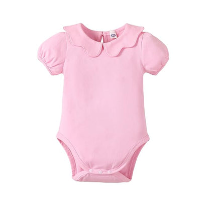 0-24M Infant Girls Ruffle Collar Romper Baby Girl Solid Color Bodysuit Casual Jumpsuit (Pink short, 3-6 Months)