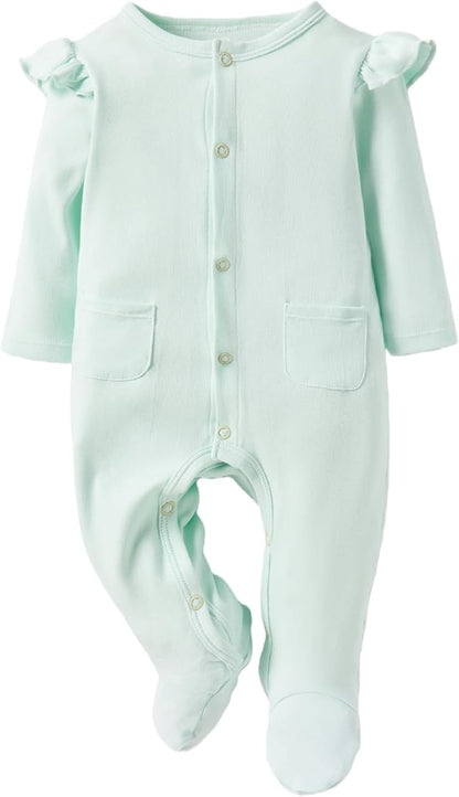 Baby Girls Ruffled Sleeve Footed Romper - 100% Cotton Snap Closure Jumpsuit with Small Pocket
