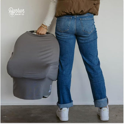 Parker Baby 4 in 1 Car Seat Cover for Girls and Boys - Stretchy Carseat Canopy, Nursing Cover, Grocery Cart Cover, High Chair Cover - “Pewter”