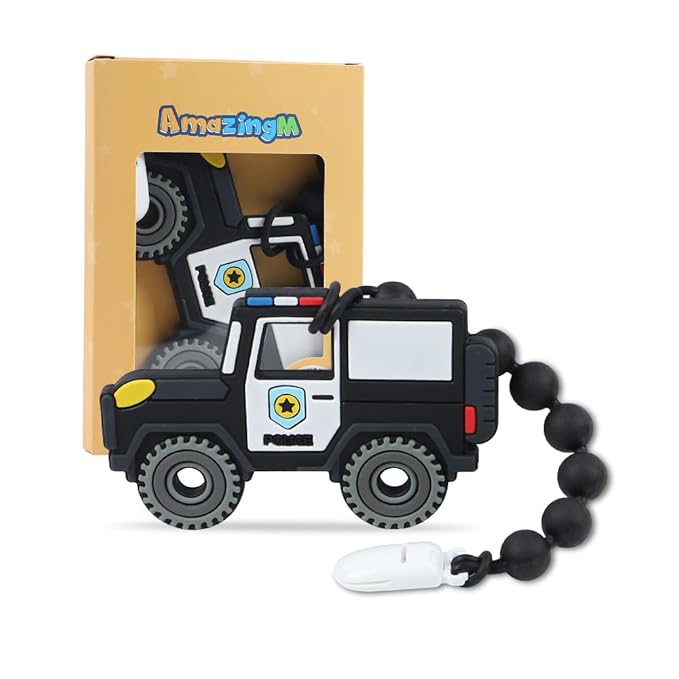 Baby Food Grade Silicone Carrier Vehicle Teether Toy with Pacifier Clip Holder,Teething Toys Gift Set for 3 Months+ Boys and Girls,Freezer Safe,BPA Free. (Police Car)