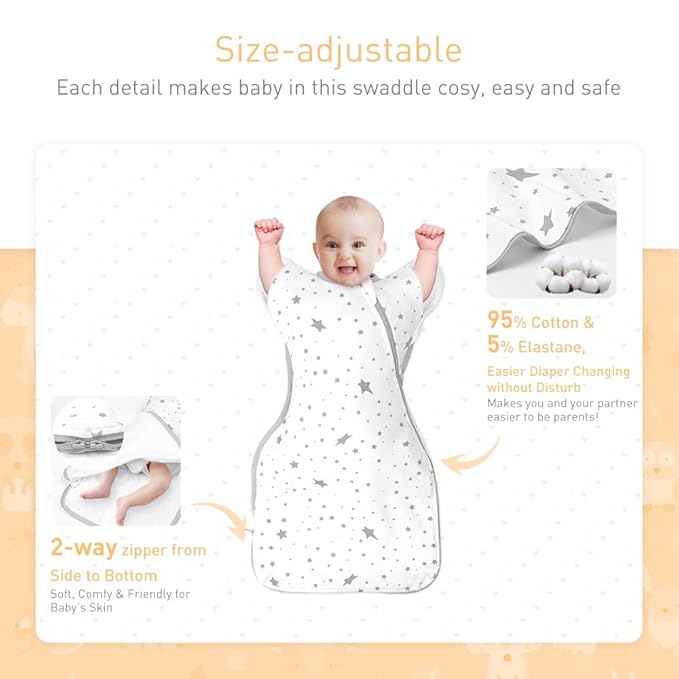 3-Way Wearable Swaddle Blankets Sleep Sacks with Arms Up, Hands Up Sleeping Sack Easy Diaper Changing Sleeping Bag for Baby Boy Girl Newborns Transitions to Arms-Free Calms Startle Reflex