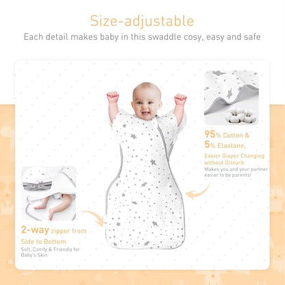 3-Way Wearable Swaddle Blankets Sleep Sacks with Arms Up, Hands Up Sleeping Sack Easy Diaper Changing Sleeping Bag for Baby Boy Girl Newborns Transitions to Arms-Free Calms Startle Reflex